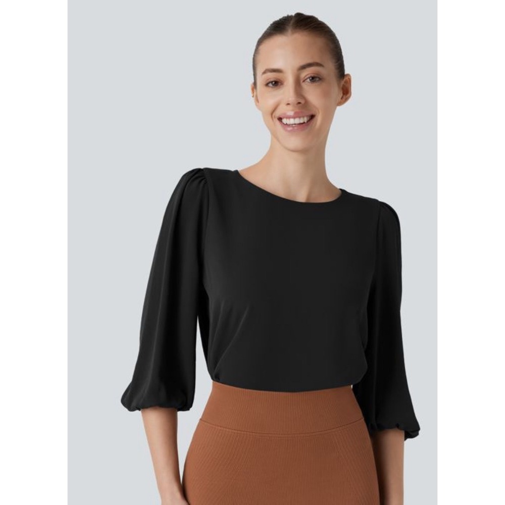 Halara Womens Puff Sleeve Blouse Black Crew Neck 3/4 Sleeve Top XS New